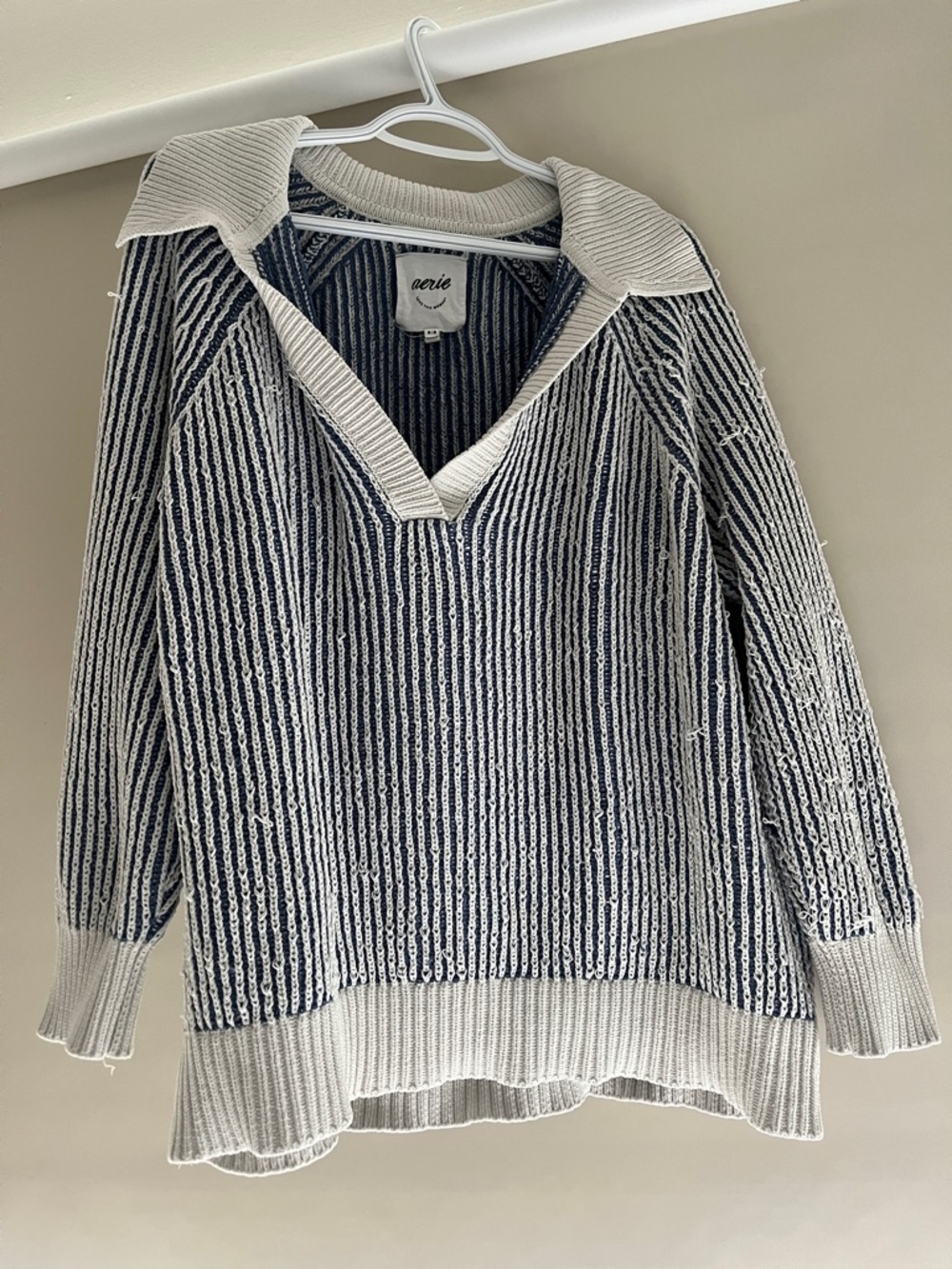 aerie Navy & White Striped V‑Neck Polo Sweater